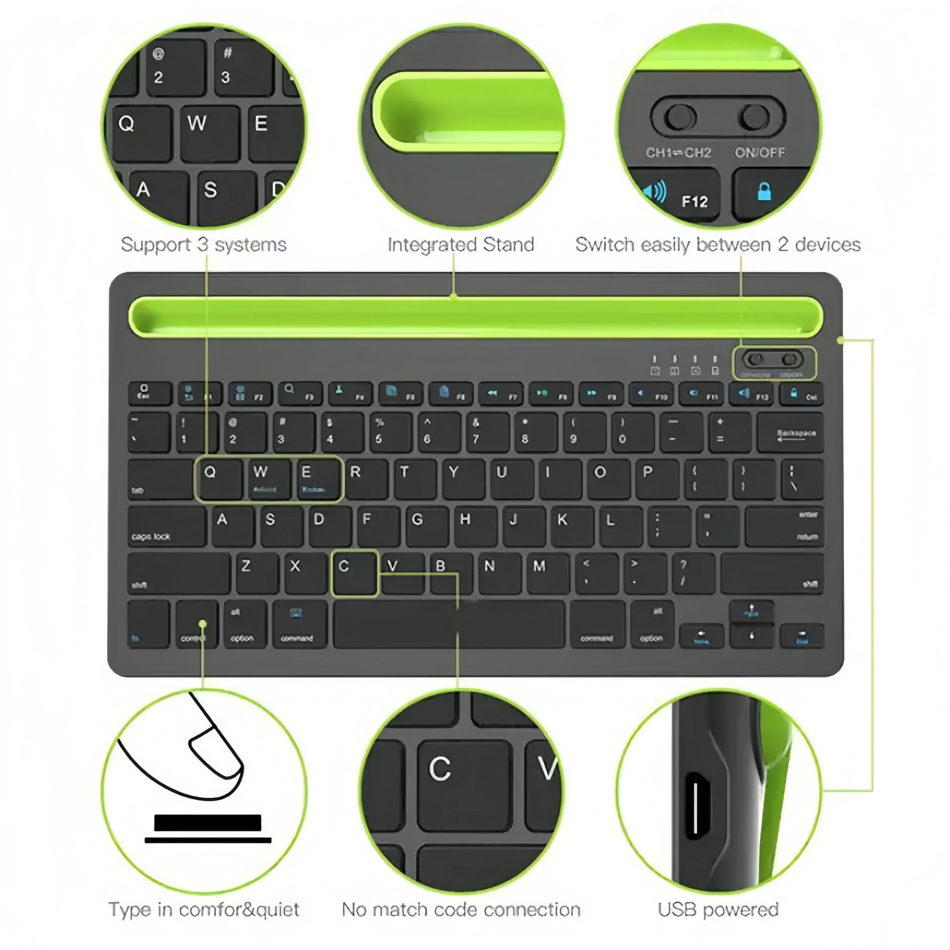 Bluetooth Keyboard Compatible with Android/iOS/Windows systems Suitable for iPad/smartphones/tablets/laptops Built-in stand slot