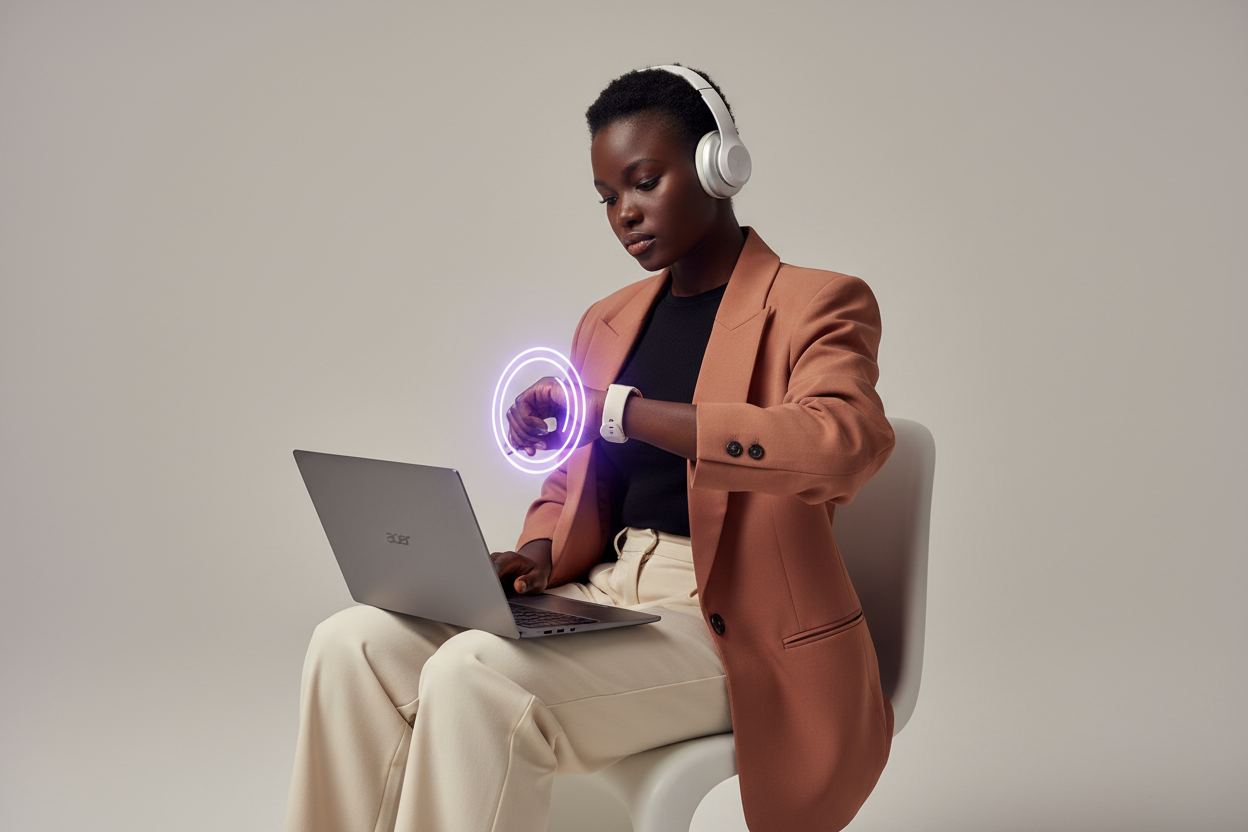 8K ultra-high-resolution image of a Black girl wearing a beautiful, stylish outfit, sitting confidently on a modern chair, holding an Acer laptop on her lap. She is wearing sleek white headphones and looking at the smart watch on her wrist. The watch display glows with floating purple neon light reflections that illuminate her face and hand. background colour is #beb3a8
Pastel gre, isolated subject, clean transparent studio lighting, hyper-realistic details, sharp focus, soft shadows, elegant tech aesthetic