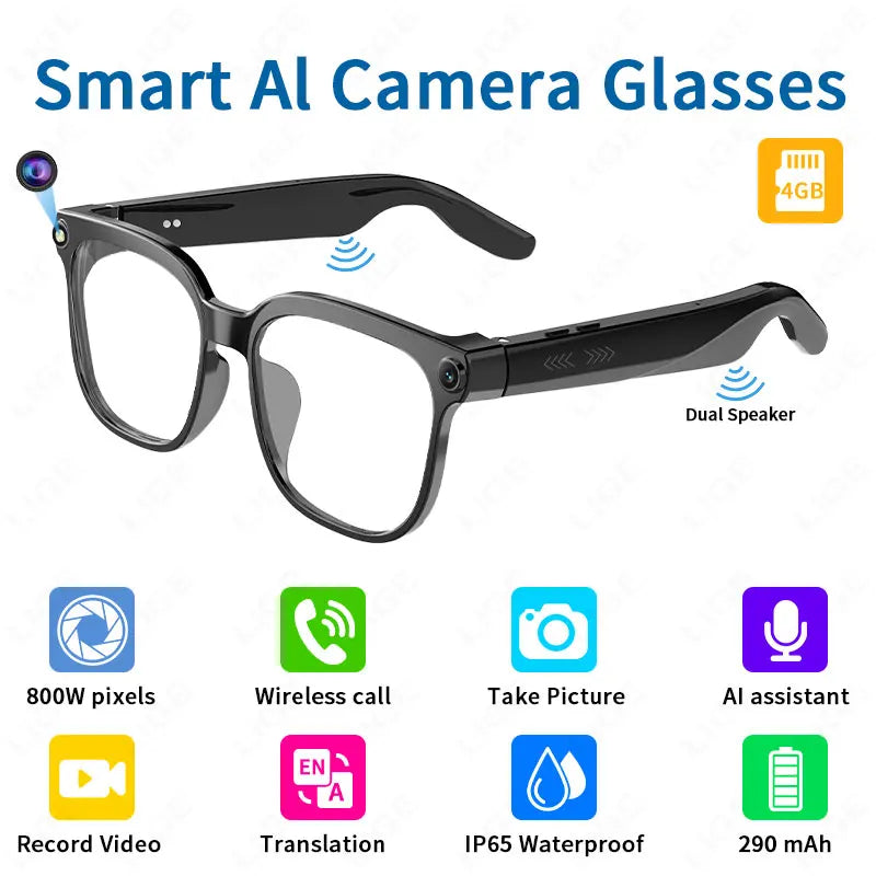 Smart Eyeglass 800W Camera Glasses AI Smart Glasses HD Shooting Video Record Call Glasses Waterproof Bluetooth Smart Sunglasses